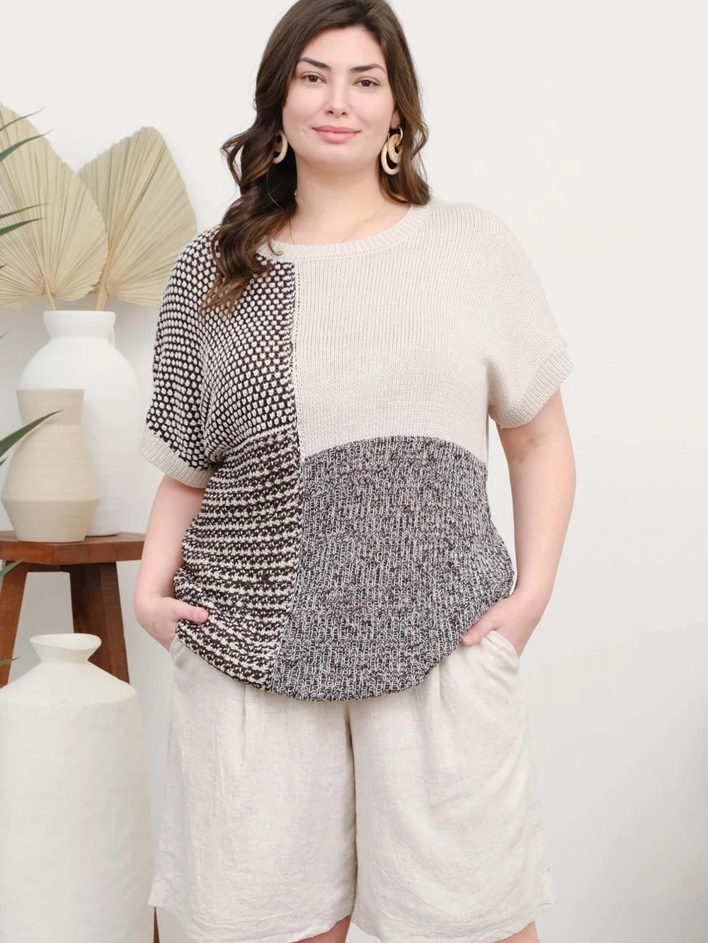 Plus Size Colorblock Short-Sleeve Knit Top - Cream & Black